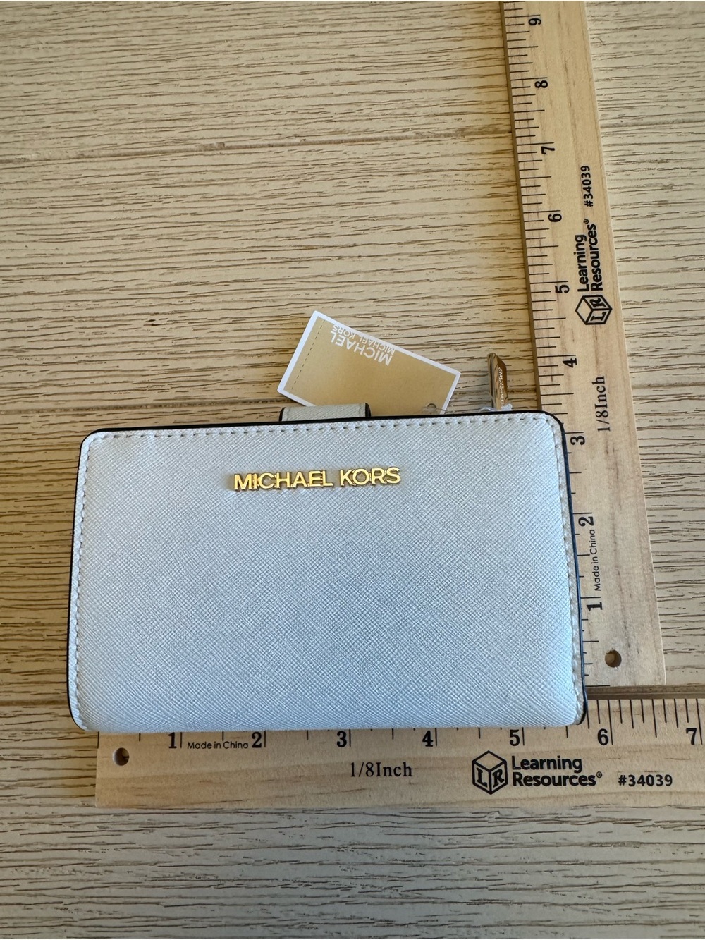 Michael Kors White Saffiano Zip Around Wallet with Gold Logo